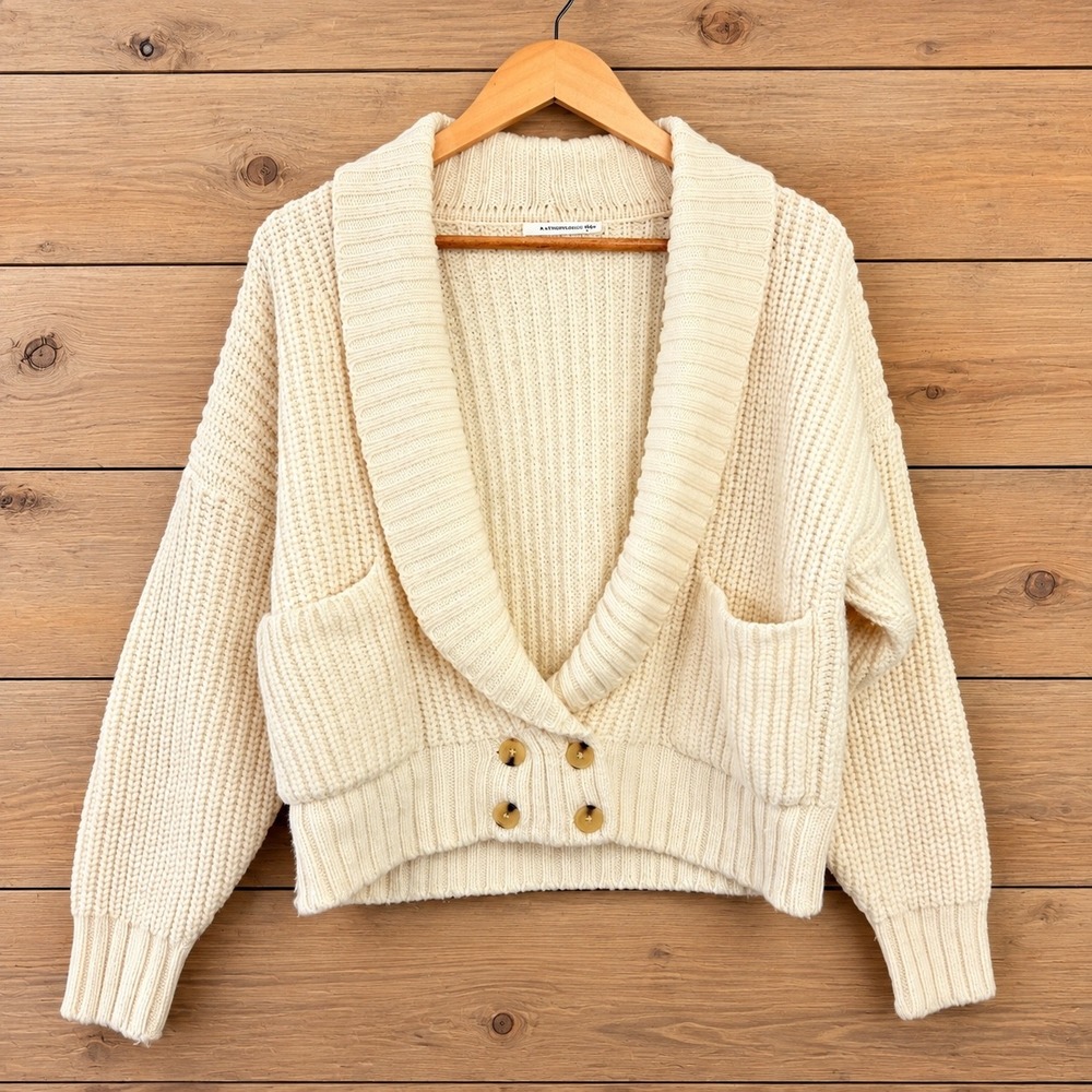 Anthropologie Ivory Ribbed Shawl Collar Cardigan Sweater Wool Blend Medium Cream